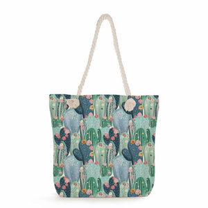 Floral Print Handbags Foldable Travel Beach Thick Rope Shoulder Bag