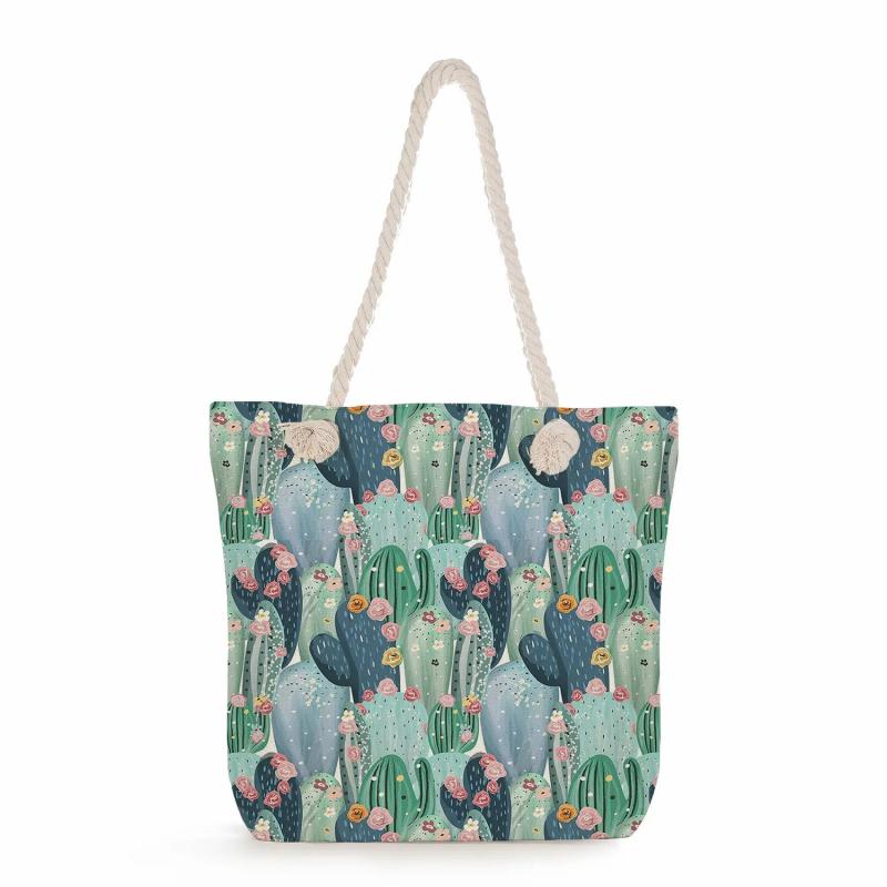 Floral Print Handbags Foldable Travel Beach Thick Rope Shoulder Bag