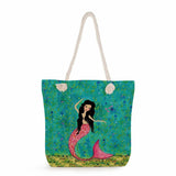 Mermaid Print Portable Folding Beach Bag High Capacity Handbag for Women