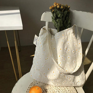Women Canvas Shoulder Bags Embossed Daisy Floral Handbag