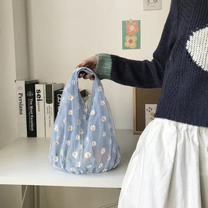 Women Small Transparent Tote Mesh Cloth Bags Daisy Embroidery Handbag Mini Purse