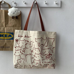 Japanese Style Cat Dog Tote Bag Hand Painted Canvas Shopper Zipper Shoulder Bags