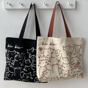 Japanese Style Cat Dog Tote Bag Hand Painted Canvas Shopper Zipper Shoulder Bags