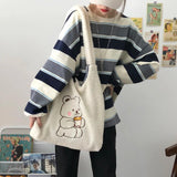 Canvas Plush Shoulder Bag with Bear Embroidery
