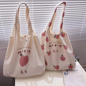 Japanese Style Peach Print Canvas Tote Bag Purse Shoulder Bag