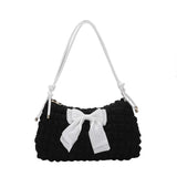 Bowknot Shoulder Bag Pleated Plaid Ladies Beige Handbag