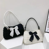 Bowknot Shoulder Bag Pleated Plaid Ladies Beige Handbag