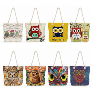 Owl Print Linen Beach Shoulder Bag Large Capacity Shopping Handbag