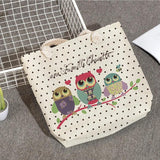 Owl Print Linen Beach Shoulder Bag Large Capacity Shopping Handbag
