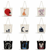 Cat Print Linen Tote Bag Women's Eco-Friendly Shoulder Handbag