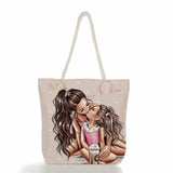 Portable Beach Bag Cartoon Mama Print Handbag Mom and Baby Tote