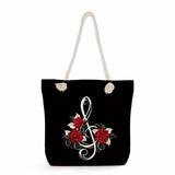 Floral Note Print Beach Bag Red Rose Tote Travel Ladies Shoulder Bag