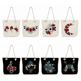 Floral Note Print Beach Bag Red Rose Tote Travel Ladies Shoulder Bag