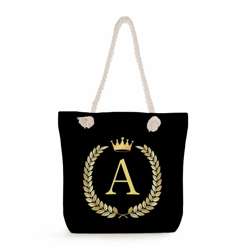 Crown 26 Letter Print Handbags Thick Rope Shoulder Bag Totebags For Women