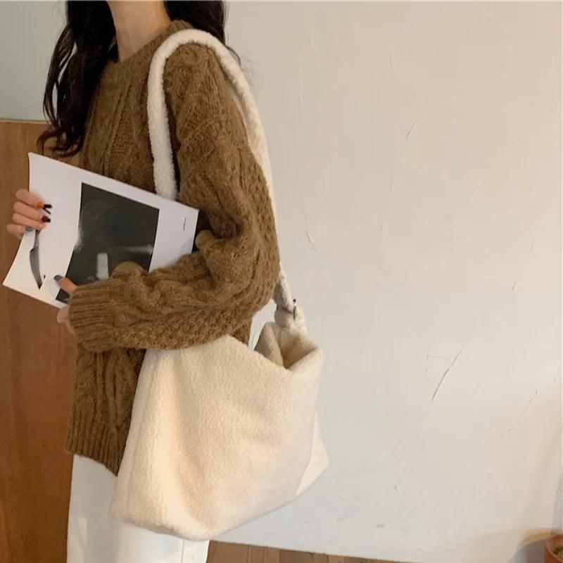 Women's Lamb Fabric Shoulder Bag Tote Large Capacity Embroidery Shopper Bag