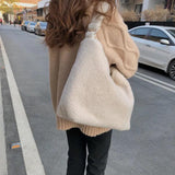 Women's Lamb Fabric Shoulder Bag Tote Large Capacity Embroidery Shopper Bag