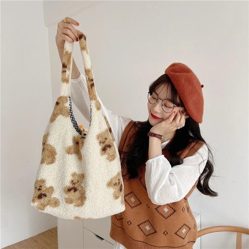 Soft Fluffy Fur Bear Shoulder Tote Bag Canvas Handbag