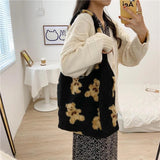 Soft Fluffy Fur Bear Shoulder Tote Bag Canvas Handbag