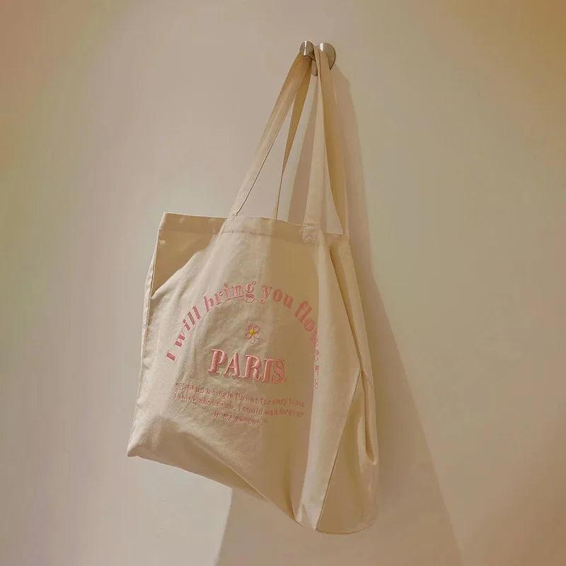 Canvas Shoulder Bag Tote Paris Embroidery Shopping Student Books Handbag