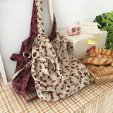Women Canvas Shoulder Tote Bag Fluffy Floral Handbags Large Capacity