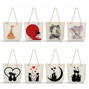 Cat Print Linen Tote Bag Eco Shopping Beach Travel Bag