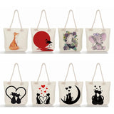 Cat Print Linen Tote Bag Eco Shopping Beach Travel Bag