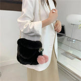 Plush Messenger Bag w/ Pompom Pendant Soft Fur Chain Satchel
