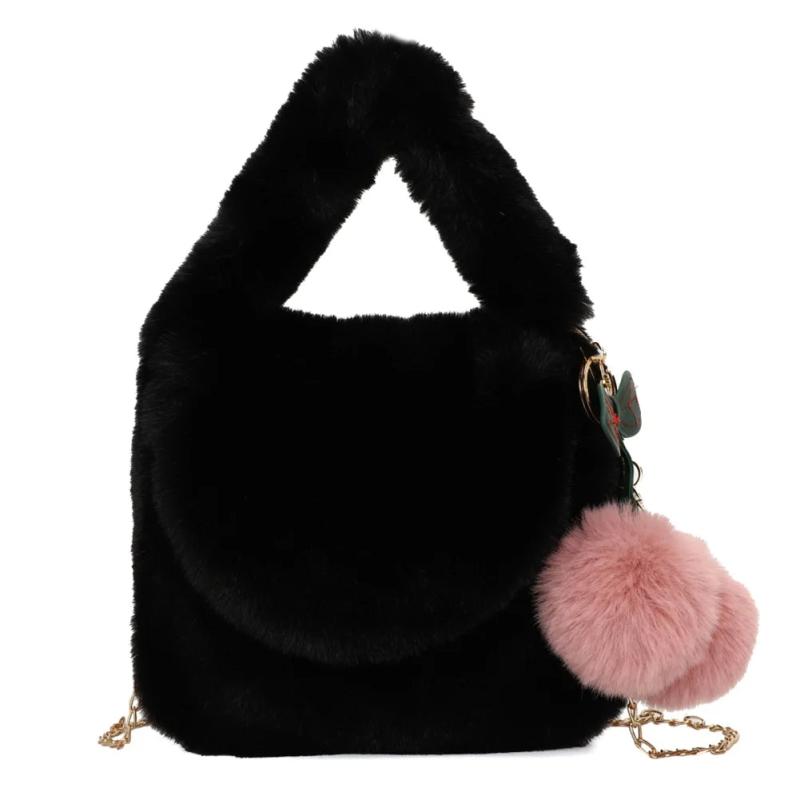 Plush Messenger Bag w/ Pompom Pendant Soft Fur Chain Satchel