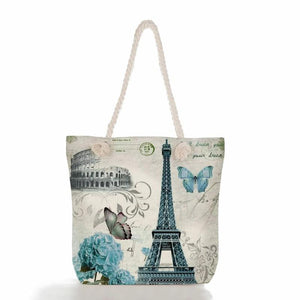 Floral Eiffel Tower Print Tote Bag Eco Friendly Handbags