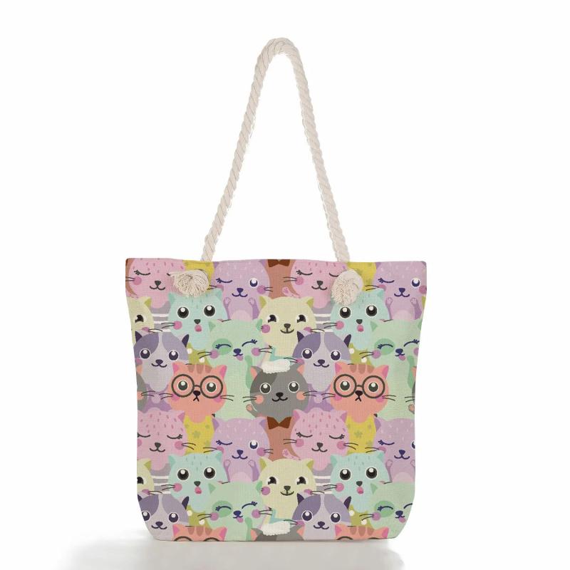 Cat Panda Rabbit Beach Tote Bags Eco Reusable Shoulder Shopping Bags
