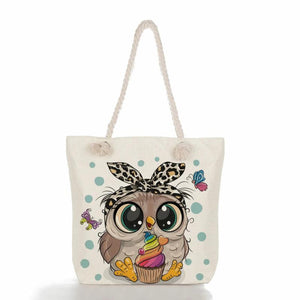 Owl Printed Handbag High Capacity Travel Beach Tote Linen Shoulder Bags