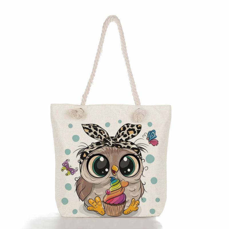 Owl Printed Handbag High Capacity Travel Beach Tote Linen Shoulder Bags