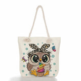 Owl Printed Handbag High Capacity Travel Beach Tote Linen Shoulder Bags
