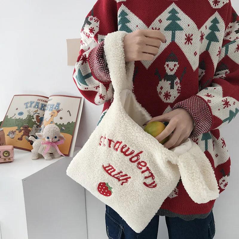 Winter Women Small Plush Tote Warm Cloth Wrist Bags Embroidery Soft Handbag
