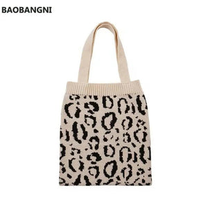 Leopard Knitting Tote Shoulder Bag Weave Handbag Large Capacity Soft Shopping Ba