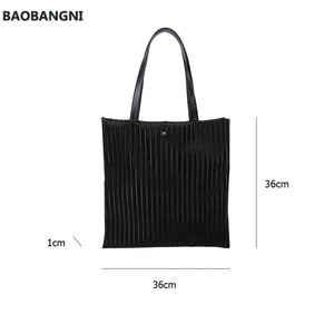 Women Pleated PU Handbags Large Capacity Tote Bags Solid Striped Travel Bag