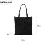 Women Pleated PU Handbags Large Capacity Tote Bags Solid Striped Travel Bag
