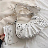 2 Pcs Rivets Crossbody Bags Women Half Moon PU Leather Shoulder Bag