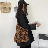 Corduroy Leopard Pattern Shoulder Bag with Thick Chain for Women