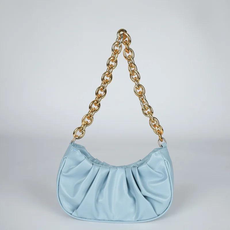 Vintage Women PU Handbags Solid Folds Chain Square Shoulder Office Lady Bag