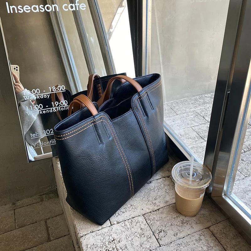 Retro Women's Tote Handbags Autumn Pu Leather Large Capacity Shoulder Bag