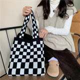 Large Capacity Women Knitted Checkerboard Bag Retro Shoulder Bags