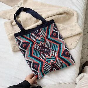 Boho Tote Bag Woolen Handbag Women Knitting Crochet Daily Shopper