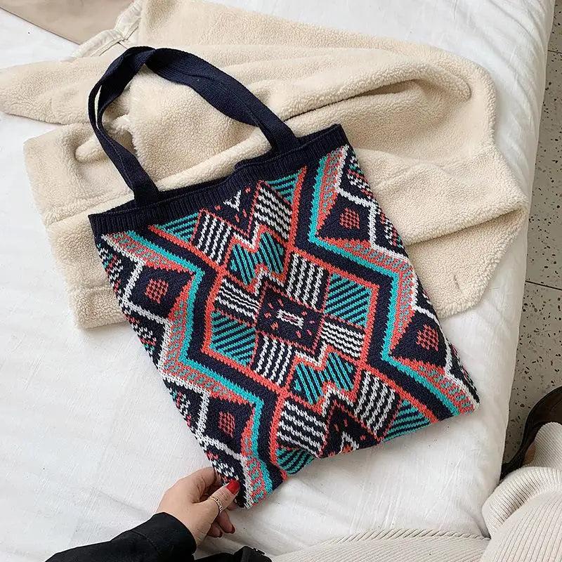 Boho Tote Bag Woolen Handbag Women Knitting Crochet Daily Shopper