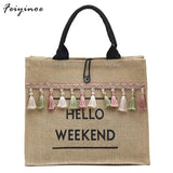 Women Summer Beach Bags Large Capacity Shoulder Bag Tassel Linen Totes