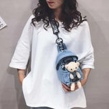 Denim Canvas Diagonal Chest Bag with Plush Doll