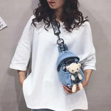 Denim Canvas Diagonal Chest Bag with Plush Doll