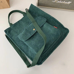 Vintage Corduroy Shoulder Bag with Outside Pocket
