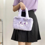Embroidered Bear Plush Shoulder Bag Furry Purse Women's Handbag