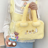 Embroidered Bear Plush Shoulder Bag Furry Purse Women's Handbag